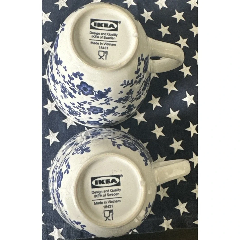 2 IKEA  Sweden Blue & White Floral Flower Coffee Tea Hot Chocolate Mug Cup 10oz